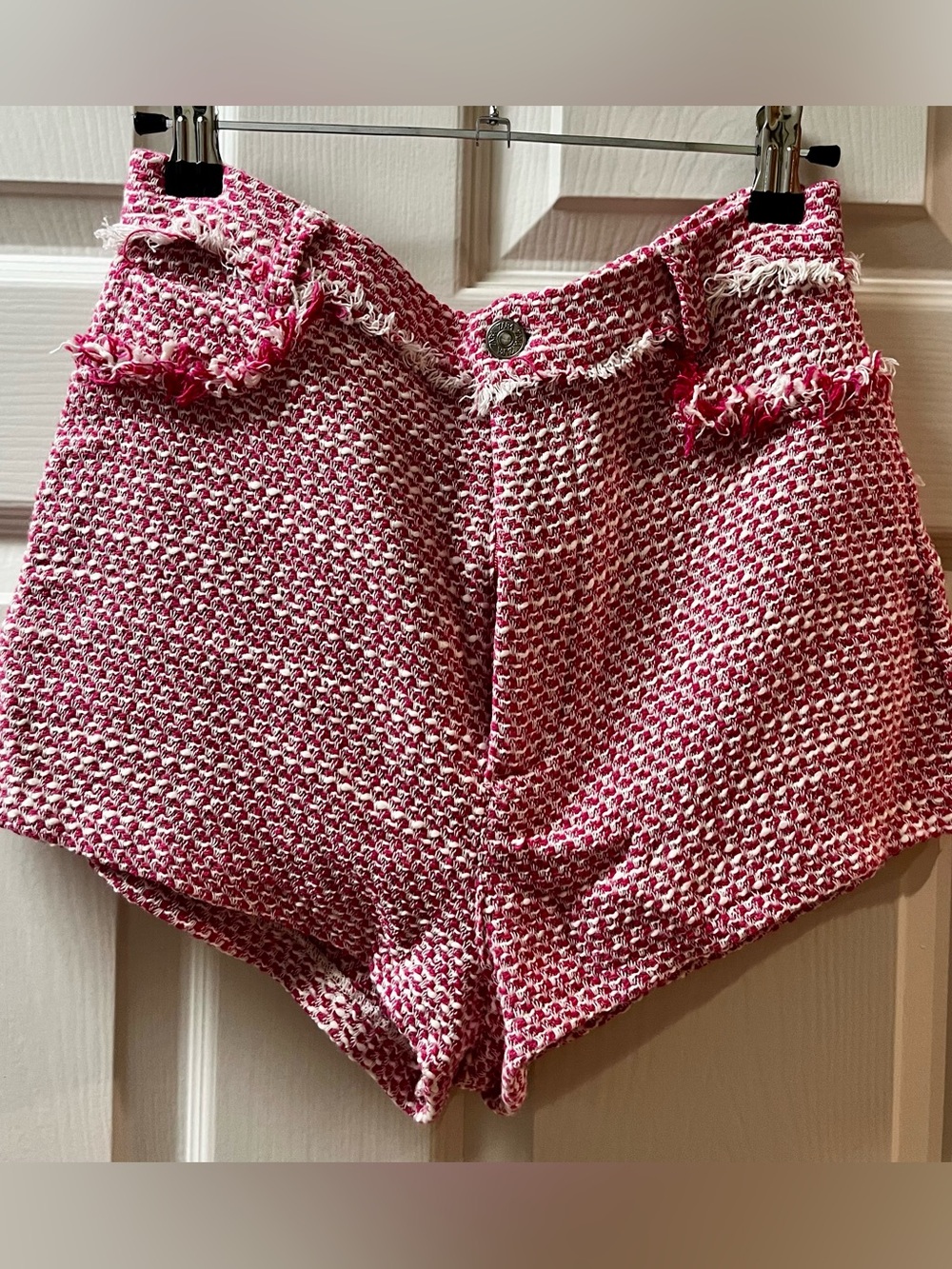 Zara Pink Tweed High-Waist Shorts with Frayed Trim